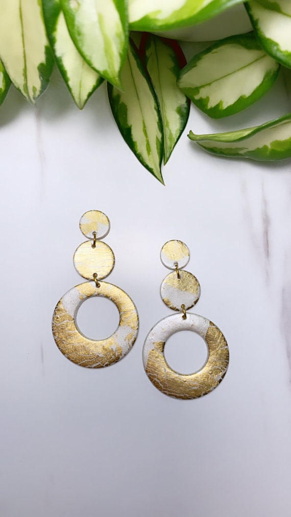 Pearlie Gold foil collection Statement Earrings Large Circles Dangles Big bold chic lightweight jewelry oversized elegant Pearl iridescent