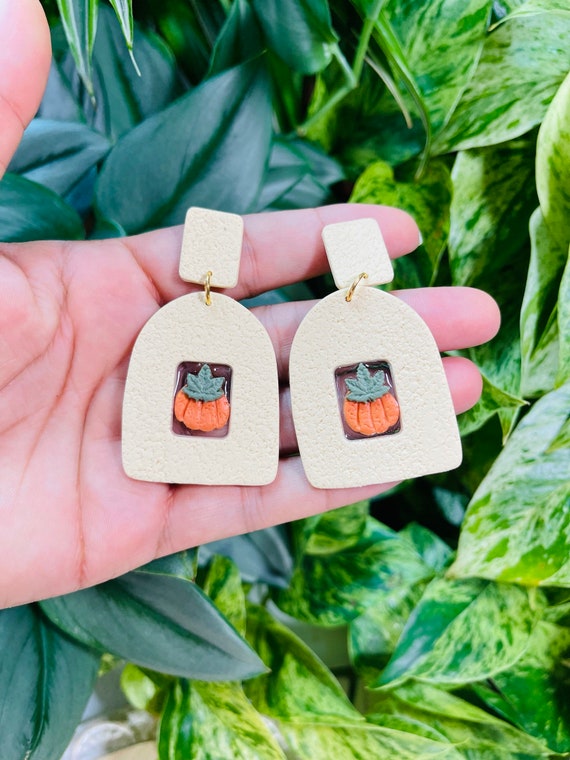 Not So Plain Jane Open Window Fall Leaves Pumpkin Collection Statement Earrings Clay Jewelry Orange green gold Cream