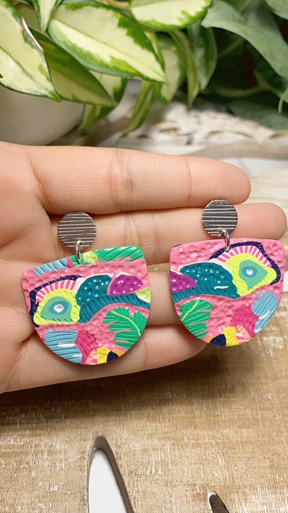 Toucan Dreams Limited Edition Abstract Textured Statement Earrings Green pink neon Gold Yellow blue floral flower leaf multicolored