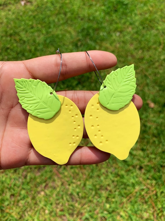 Made to order Large Fruity Lemon statement Earrings gold hoops silver Yellow green