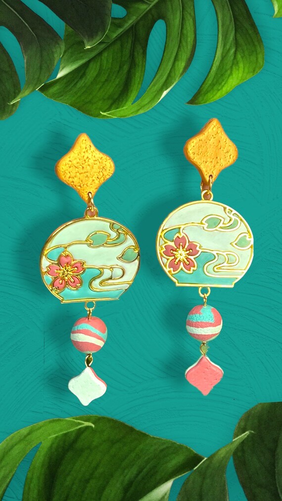 Blossom Ballon Inlay Statement Earrings Large Gold aqua teal green pink blue Gold trim studs