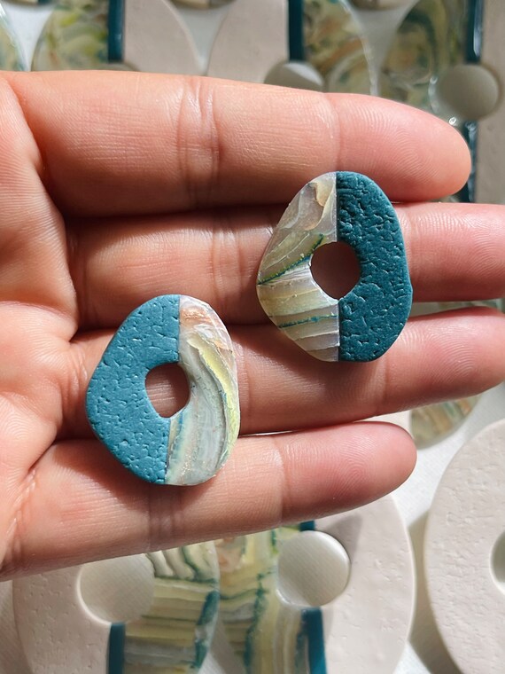 Teal Marble Dream Faux Stone Collection medium pebble stud Statement Earrings Clay Lightweight Unique Black Gold Translucent Saints