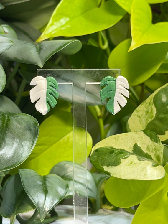 Mini Monstera Earrings Albo hooks Green white gold silver Statement earrings Delicate Stud