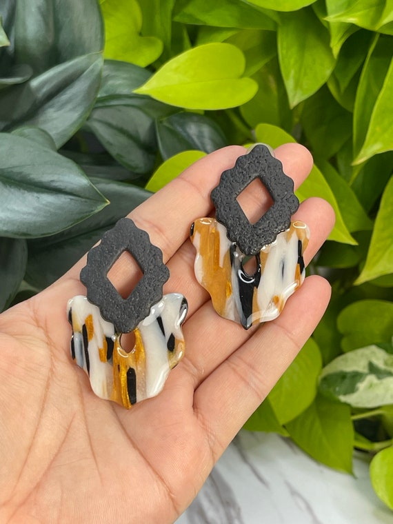Modern Movement Dangles Rock Candy Collection Statement Earrings Clay Jewelry Black and gold translucent checkerboard