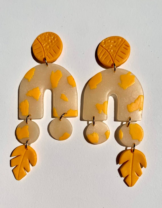 Indian Summer Collection BoHo Statement Earrings Clay Original unique Dangles Arrowhead Leaf Orange Rust Teal Yellow