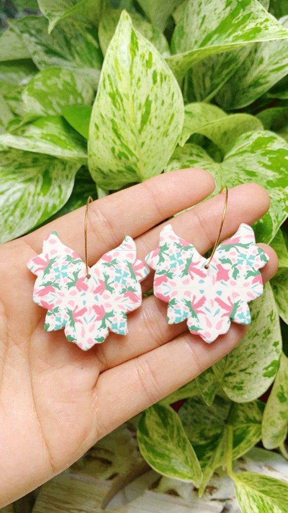 Moroccan Tile Drops Floral Tile Design Statement Earrings Pink Teal Green White Sky Blue