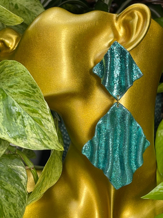 Draped in the Glam Glitter Double Statement Earrings Clay Handcrafted Teal blue Dangles draped wave gold