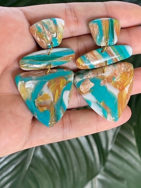 Fall Tropicals collection oyster turquoise Statement Earrings Clay Jewelry Organic Art Bobo chic concrete