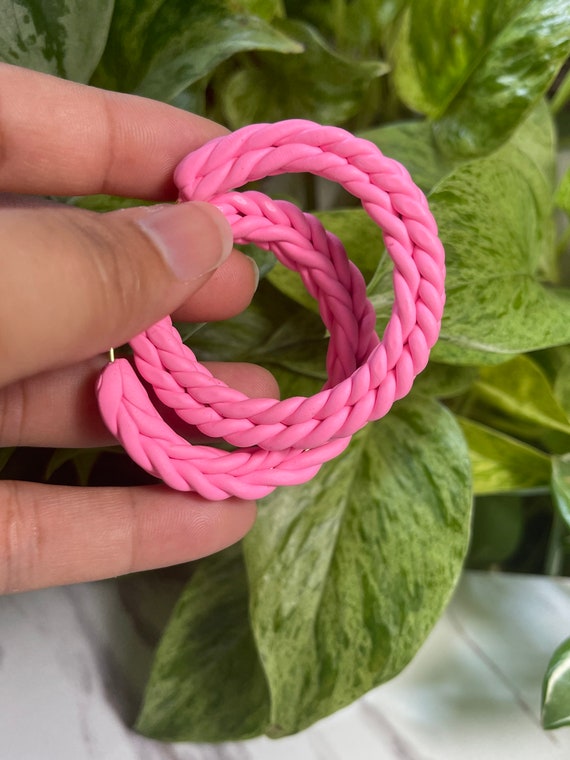 Flamingo Pink Rope Braid hoops xlarge Statement Earrings Fall Clay hoops knit crochet