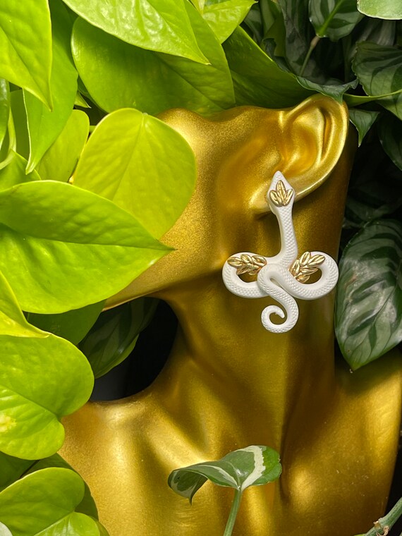 Jungle Slithereens Statement Earrings Large Silver Gold Post serpent snake Python White igloo Gold studs boho