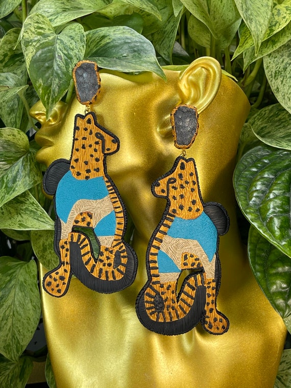 Abstract Cheetah Resort Collection Statement Earrings Clay Handcrafted Dangles Jungle