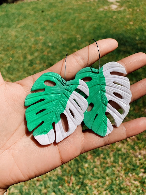 Palm Beach Variegated Monstera Big Statement Earrings Green White  Gold or silver Hoops Leaf Dangles