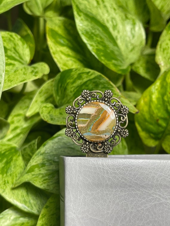 Handcrafted Book marks polymer Clay faux stone agate resin aged brass