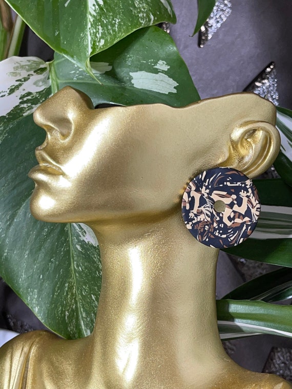 Tribal Print Life’s Journey Collection Statement Earrings Clay Handcrafted Dangles Black Ecru Cinnamon