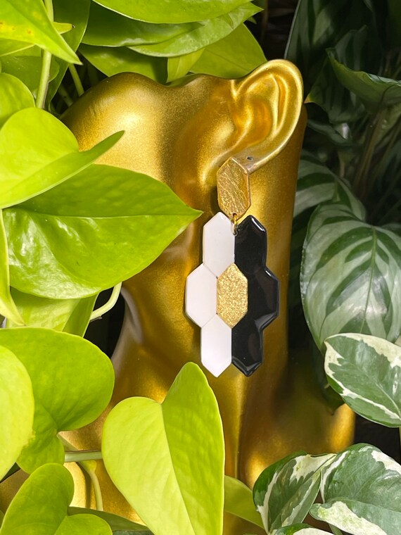 Black White Gold Geometric Flowers Statement Earrings Clay polymer unique