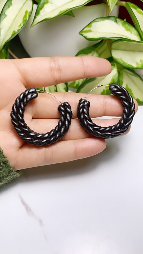 Rope Braid hoops large Statement Cognac Black Shadow Earrings Fall Clay hoops knit crochet