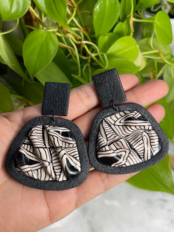 Tribal Black Cream Modern Earrings Statement Dangles organic wave Art for ears