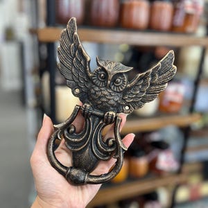 May include: Bronze-colored owl door knocker with outstretched wings and a decorative handle. The owl has detailed feathering and large eyes. The knocker is made of metal and is designed to be mounted on a door. The background shows shelves with jars.