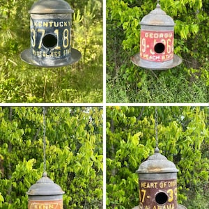 License plate metal bird house feeder