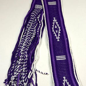 Traditional Oaxaca Handwoven Geometric Sash Belt Purple White Fringe Ethnic Boho