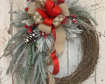 Christmas Snow Pine Wreath, Rustic Red Bow Door Wreath, Holiday Pinecone Door Decor, Winter Burlap Bow Wreath, Winter Entryway Wreath