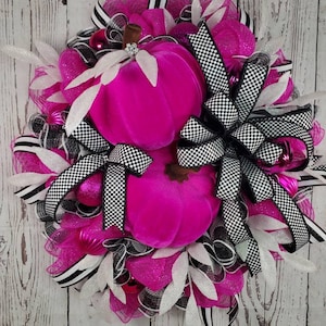 Pink fall wreath, pink pumpkins, breast cancer awareness wreath, fall front door decor, trendy fall front door decor