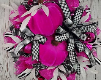 Pink Pumpkin Fall Wreath, Breast Cancer Awareness Decor
