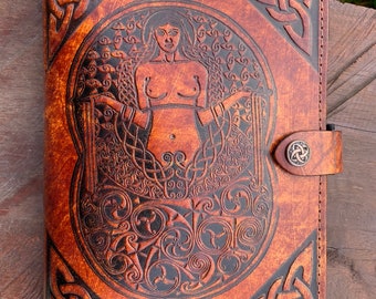 Leather Journal Cover A5 Individually handmade with press stud - Embossed with Celtic Goddess of the Well