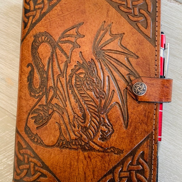 Leather Journal Cover A5 Individually handmade with press stud - Embossed with Celtic Dragon