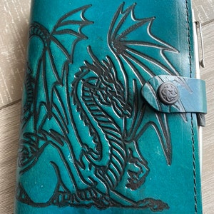 Leather Journal Cover A6 Individually handmade with press stud - Embossed with Celtic Dragon