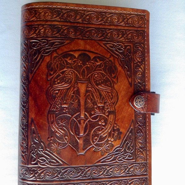 Leather Journal Cover A5 Individually handmade with press-stud - Embossed with Celtic Sacred Tree