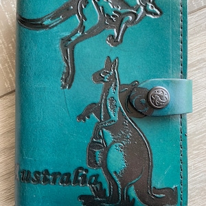 Leather Journal Cover A6 Individually handmade with press stud - Embossed with Australian Kangaroo