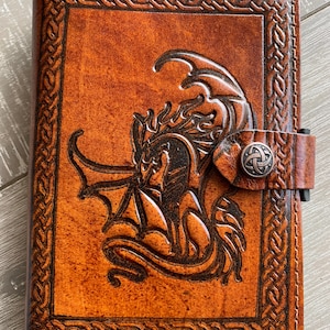 Leather Journal Cover A6 Individually handmade with press stud - Embossed with Celtic Dragon