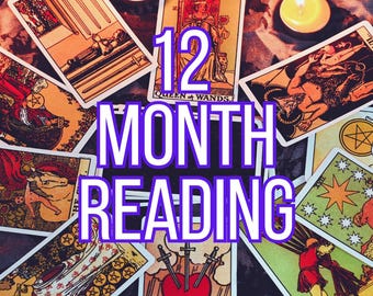 May include: A tarot card reading spread with 12 cards, featuring the Queen of Wands, the Three of Swords, and the Star cards. The spread is surrounded by candles and a purple background with the text "12 Month Reading".
