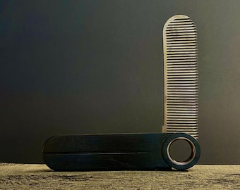 Folding pocket titanium beard and hair comb in a wooden case made of natural mortared oak. Personalized gift for him. Custom gift for her
