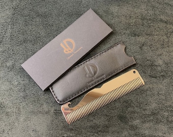 Polished stainless steel beard comb with leather storage case.Long distance boyfriend gift. 1 year anniversary gift for boyfriend. beard kit