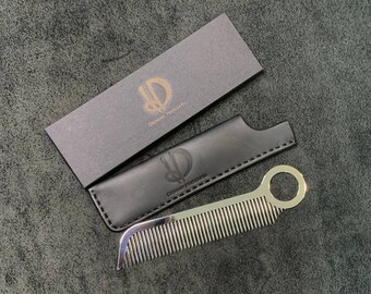 Beard Comb with storage case. Polished stainless steel beard and hair comb. 2mm.