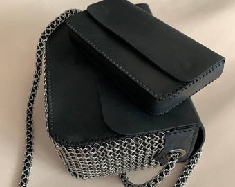 Rock Style Bag & Wallet Set. Small leather crossbody purse. Black ring handbag with chain mail. purse organizer insert crossbody purse black