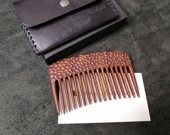 wide tooth comb with leather storage case. Woden beard comb. Anniversary gift for a guy