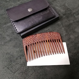 wide tooth comb with leather storage case. Woden beard comb. Anniversary gift for a guy