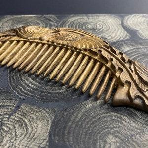 Carved phoenix hair comb with wide teeth in American walnut wood. Personalized hairbrush. A personalized gift for her. Hair growth comb image 4