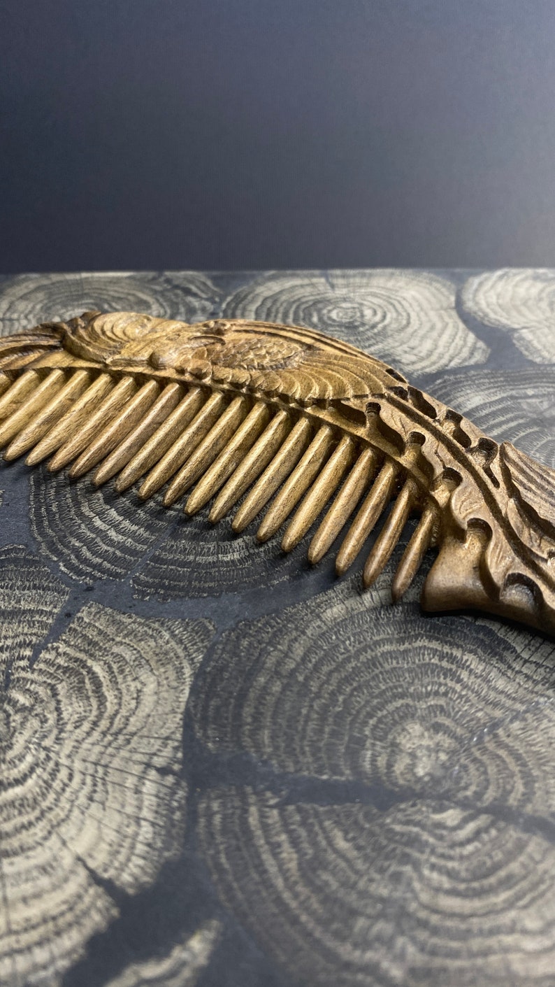 Carved phoenix hair comb with wide teeth in American walnut wood. Personalized hairbrush. A personalized gift for her. Hair growth comb image 4