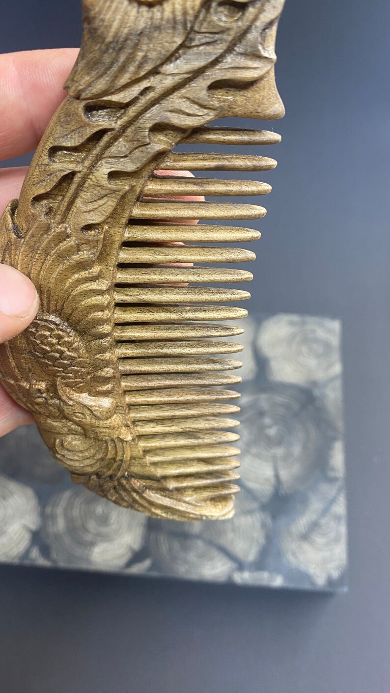 Carved phoenix hair comb with wide teeth in American walnut wood. Personalized hairbrush. A personalized gift for her. Hair growth comb image 8