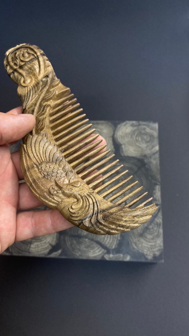 Carved phoenix hair comb with wide teeth in American walnut wood. Personalized hairbrush. A personalized gift for her. Hair growth comb image 2
