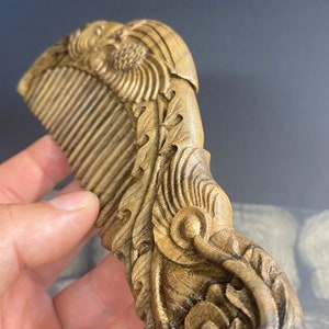 Carved phoenix hair comb with wide teeth in American walnut wood. Personalized hairbrush. A personalized gift for her. Hair growth comb image 9