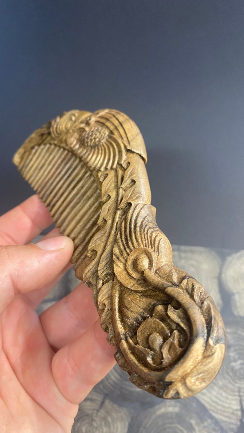 Carved phoenix hair comb with wide teeth in American walnut wood. Personalized hairbrush. A personalized gift for her. Hair growth comb image 9