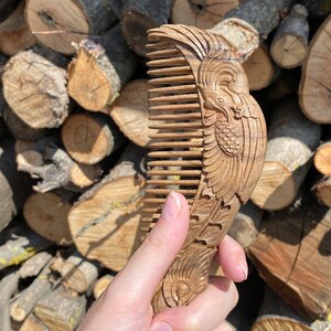 Carved phoenix hair comb with wide teeth in American walnut wood. Personalized hairbrush. A personalized gift for her. Hair growth comb image 3