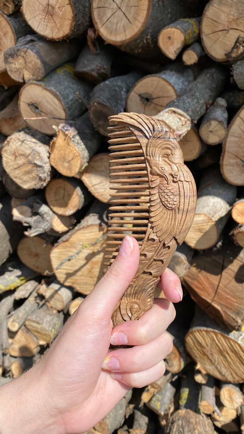 Carved phoenix hair comb with wide teeth in American walnut wood. Personalized hairbrush. A personalized gift for her. Hair growth comb image 3