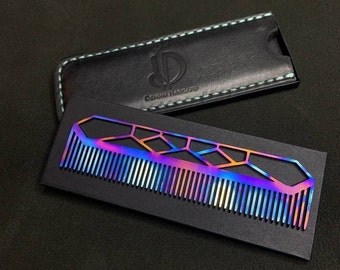 Titanium custom beard comb with leather storage case. Titanium EDC. Long distance boyfriend gift. viking hair accessories. Luke combs