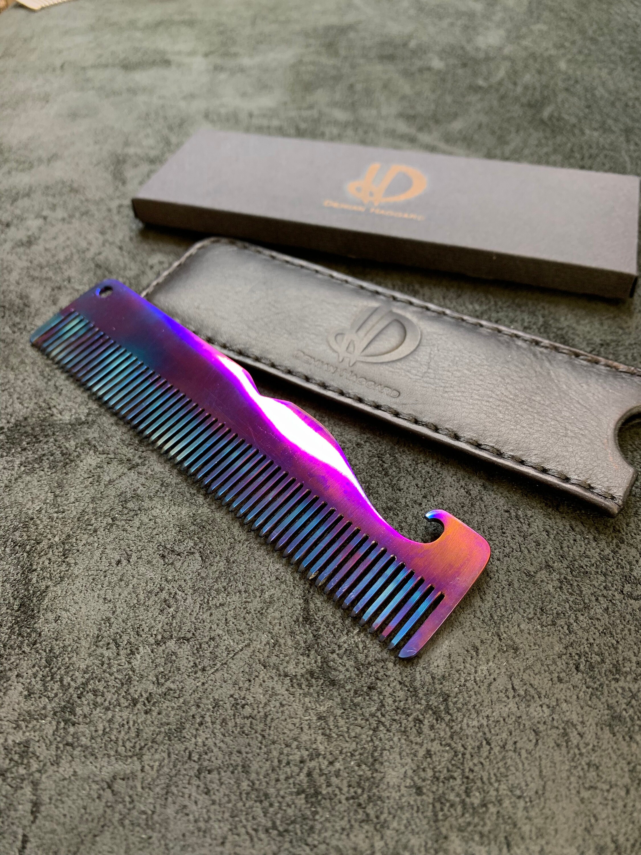 Titanium Beard Comb With Leather Storage Case. Titanium Edc. 